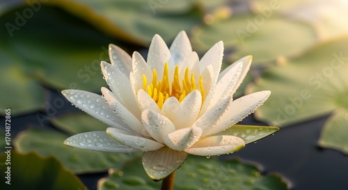 Wallpaper Mural Pristine White Water Lily with Yellow Center Covered in Morning Dew Drops on Dark Green Pads Torontodigital.ca
