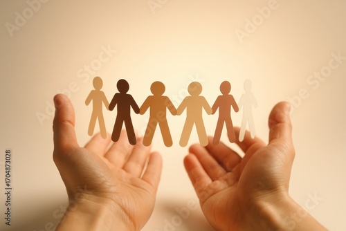 Leader hands shielding a connected paper people chain symbolizing inclusive team trust safety and compassionate workplace culture with warm light