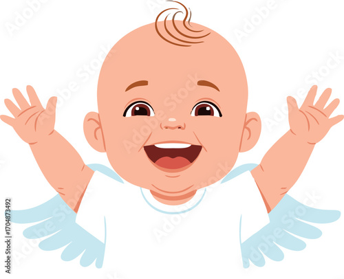 Cheerful Baby Angel with Outstretched Arms and Smiling Face, Joyful Expression.