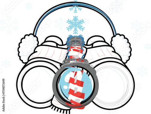 Cute cartoon binoculars with earmuffs and striped scarf in snow