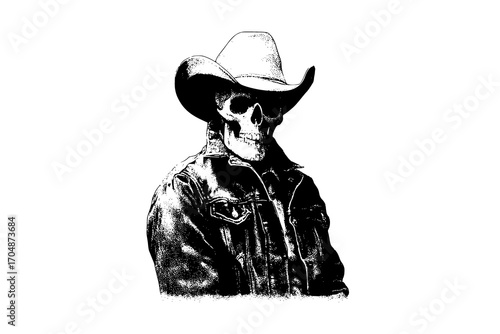 a skull wearing a cowboy hat and a denim jacketblack, cowboy, cowboy hat, fedora, hat, leather jacket, man, person, skeleton, skull, sun hat, wear 