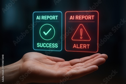 AI automatic task system. A hand displays holographic AI reports indicating success and alert status.