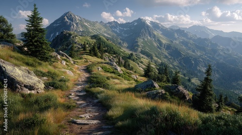 Scenic mountain landscape features a rocky hiking trail leading to distant peaks in the Eastern European mountain range during daytime with hazy atmosphere