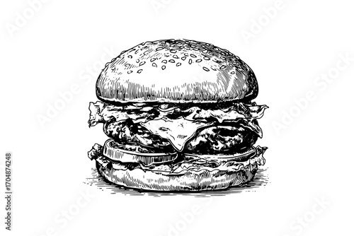 a hand drawn hamburger with a detailed engraving stylebacon, cheese, cheeseburger, draw, drawing, food, hamburger, illustration, ink, lettuce, roll, sketch, tomato 