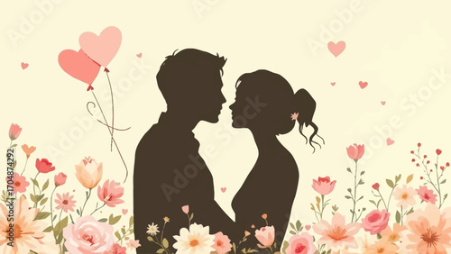 Flat vector of loving couple silhouette with heart balloons and flowers in soft pastel palette. Ideal for Wife Appreciation Day, greeting cards, and romantic design projects