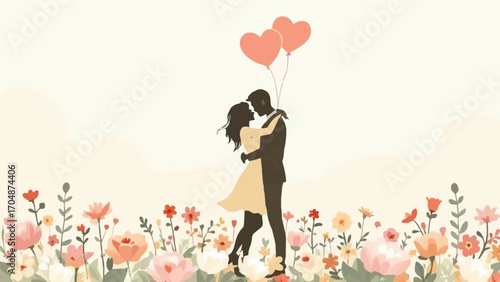 Flat vector of loving couple silhouette with heart balloons and flowers in soft pastel palette. Ideal for Wife Appreciation Day, greeting cards, and romantic design projects