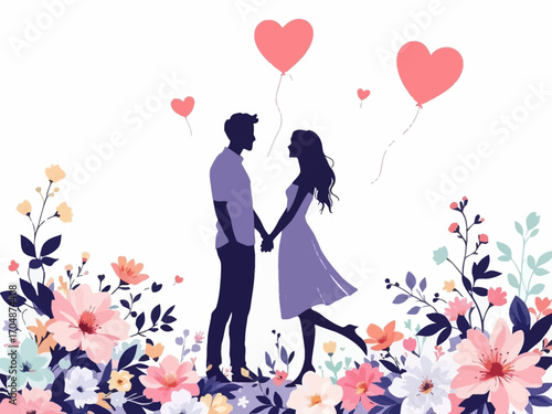 Flat vector of loving couple silhouette with heart balloons and flowers in soft pastel palette. Ideal for Wife Appreciation Day, greeting cards, and romantic design projects