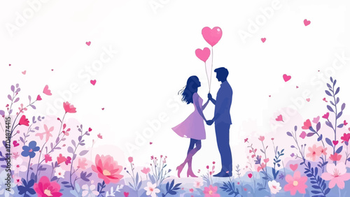 Flat vector of loving couple silhouette with heart balloons and flowers in soft pastel palette. Ideal for Wife Appreciation Day, greeting cards, and romantic design projects