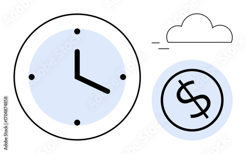 Clock representing time, dollar sign symbolizing money, and a cloud denoting abstract ideas. Ideal for time management, budgeting, financial goals, efficiency, productivity, planning simple flat