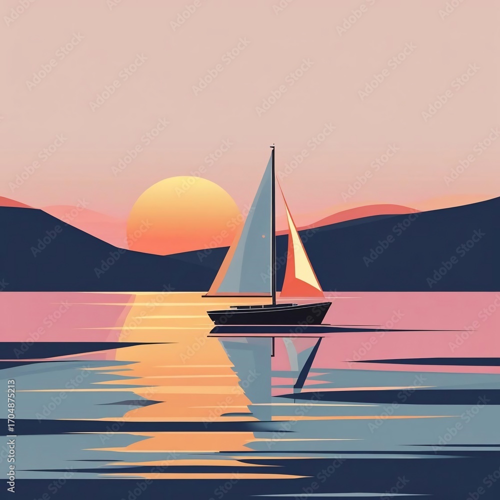 Fototapeta premium Sailboat Silhouette Against a Peaceful Sunset Over Still Waterscape