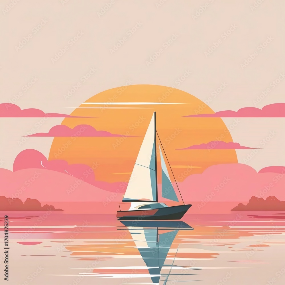 Naklejka premium Sailboat at Sunset Serene Ocean Voyage Peaceful Waters