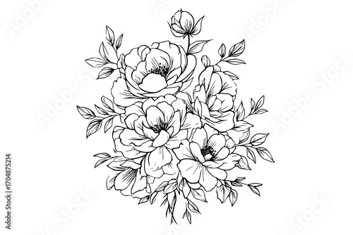 a bouquet of flowers in black and whitebeautiful, black, bouquet, bud, design, draw, floral arrangement, flower, illustration, ink, poppy, white 