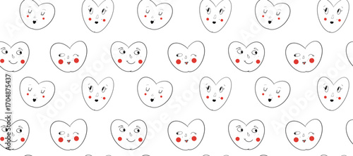 Love art. Funny hearts in doodle style, seamless pattern in line art. Groovy trendy romantic background. Lovely cartoon patterns with smiling hearts for Valentine’s designs, fabric, wallpaper