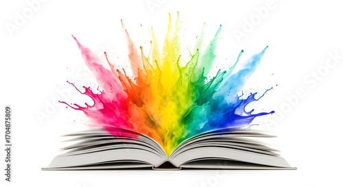 Rainbow paint explodes from open book creativity knowledge imagination learning education literature