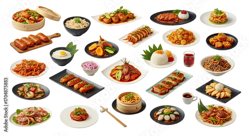 Assortment of Asian Dishes and Food Items Isolated on Black Background
