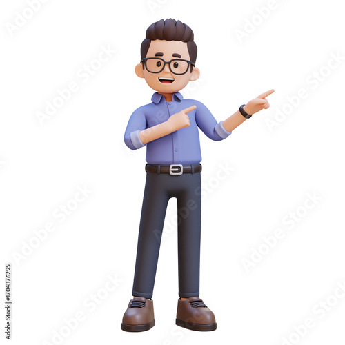 3D cartoon adult male teacher character Pointing Hand to Side