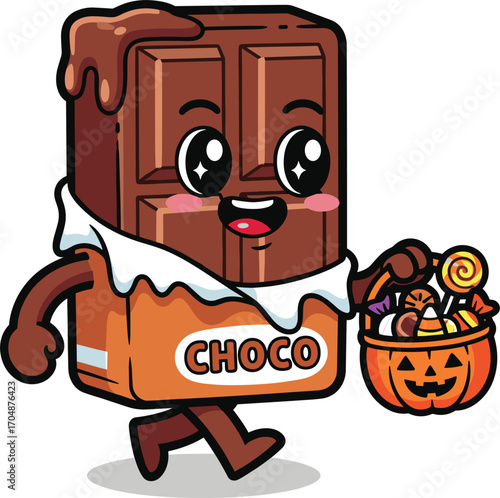 Cute cartoon chocolate bar character trick or treating with a pumpkin basket