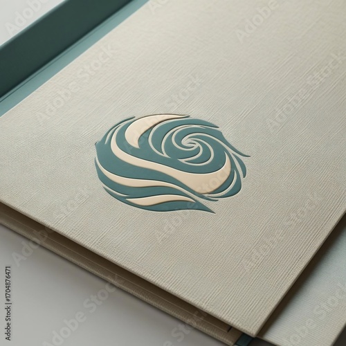 Elegant brand presentation featuring a textured cover and wave logo