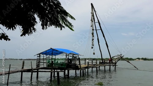 Chinese fishing net and related equipment used for traditional fishing located at Fort Kochi, Kerala, India