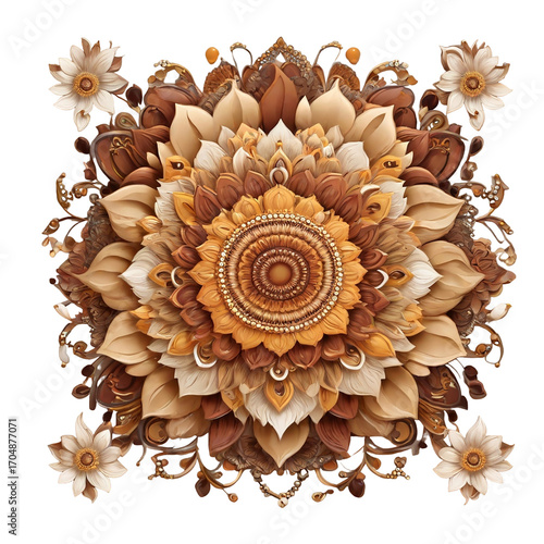 Earthy brown and beige floral mandala with intricate symmetrical design cream