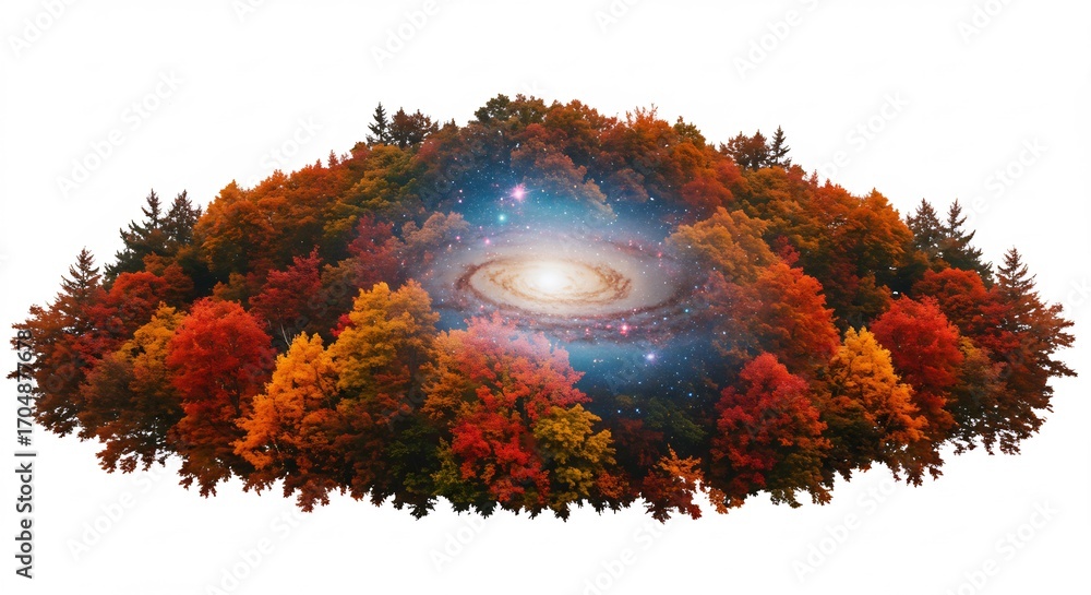 Fototapeta premium 紅葉輝く秋景色 宇宙銀河輝く神秘的融合 幻想的自然. AI Generated