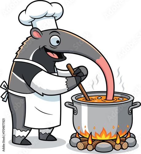 Cute cartoon anteater chef stirring a pot of soup on a campfire