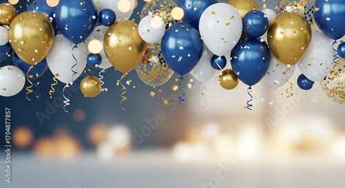 Festive blue, gold, and white balloons float joyfully with sparkling confetti, perfect for celebrations.