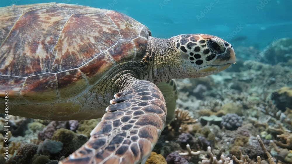 Obraz premium Green Sea Turtle Swimming Quietly in Clear Waters Near Coral Reef, Marine Life Serenity