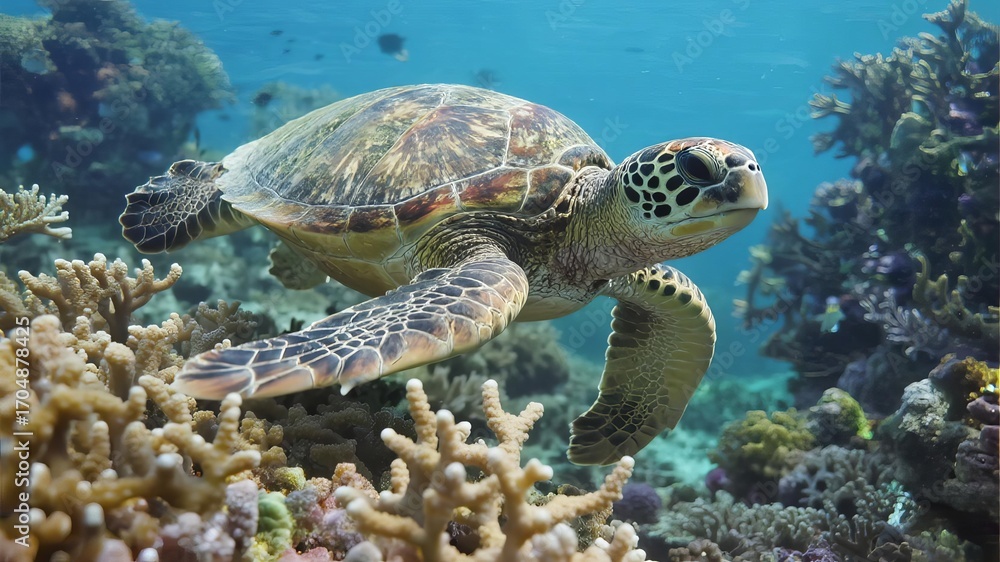 Obraz premium Green Sea Turtle Swimming Quietly in Clear Waters Near Coral Reef, Marine Life Serenity