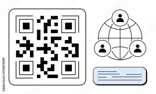 QR code, globe with user icons connected, and text block emphasize technology, networking, identity, data sharing. Ideal for tech, blockchain, marketing global links digital identity security