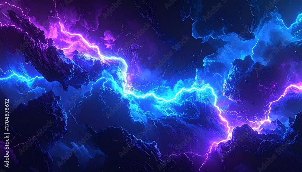 Fototapeta premium Abstract digital illustration of blue and purple neon lightning, black background
