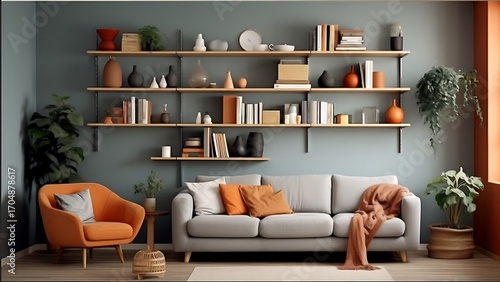 Stylish living room interior design featuring a cozy sofa and decorative shelving against an teal