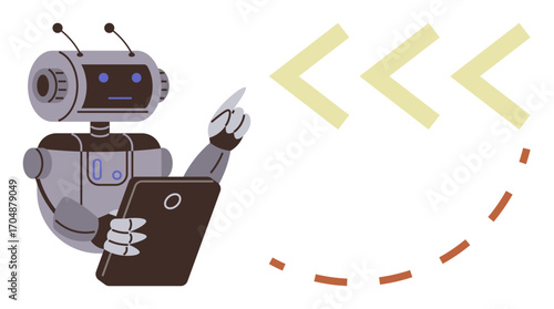 Robot holding a tablet, interacting with digital elements, surrounded by directional arrows. Ideal for technology, AI, robotics, automation, programming, coding machine learning simple flat