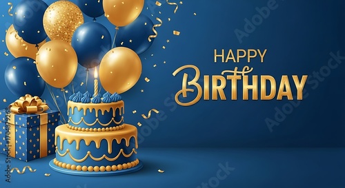 Elegant birthday celebration with tiered cake, balloons, and gifts on a festive blue background