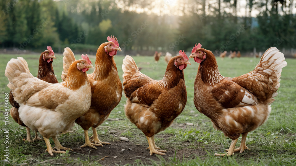 Fototapeta premium Free range hens exploring the farmyard in the golden hour light, happy and healthy chickens