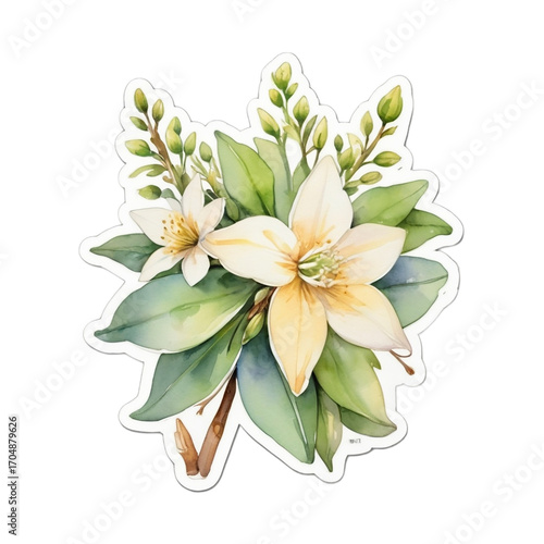 Elegant White and Yellow Flowers with Green Leaves and Buds blossom bloom