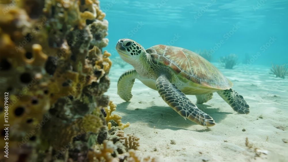 Fototapeta premium Green Sea Turtle Swimming Quietly in Clear Waters Near Coral Reef, Marine Life Serenity
