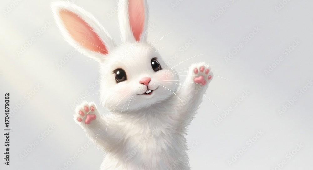 Obraz premium 白いウサギ、優しく微笑む 柔らかな光に包まれて 幸せな気分. AI Generated