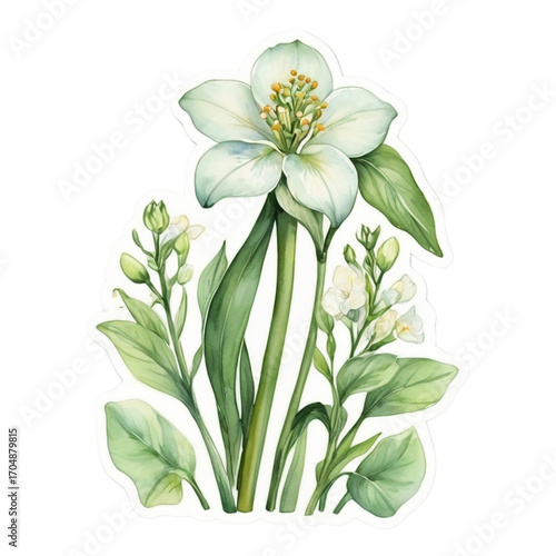 Elegant White Flower with Green Leaves Watercolor Botanical Art