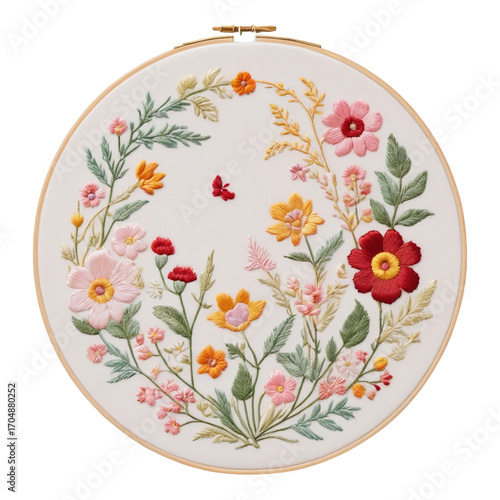 Embroidery hoop with a circular floral design and a small red butterfly image photo