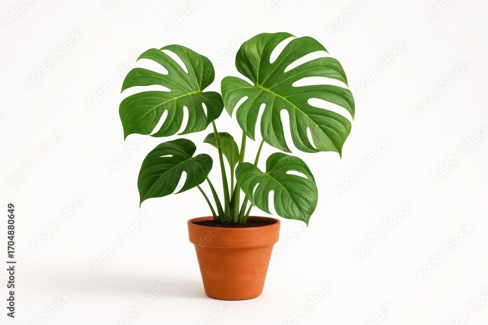 Fototapeta premium Vibrant monstera houseplant in a terracotta pot isolated on pure white with soft shadow and clean clipping path