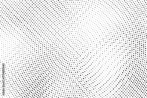 Radial halftone dots. Spotted and dotted stains gradient background. Concentric comic texture with fading effect. Black and white rough gritty wallpaper. Grunge monochrome geometric backdrop. Vector
