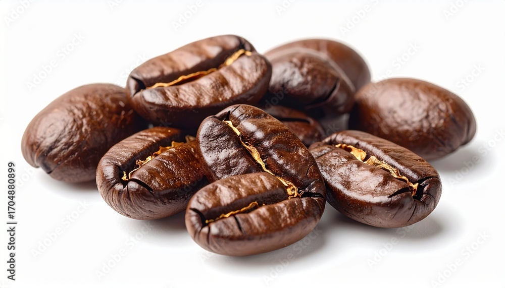 Obraz premium Roasted brown coffee beans, isolated on a white background, ready for your morning espresso