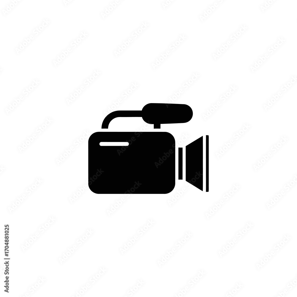 Simple black silhouette of a video camera against a white background.