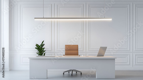 Thin suspended light bar in matte silver, stretching over a minimalist desk with warm white walls and clean lines