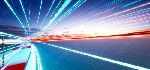 Φωτογραφία 3d rendering speeding on futuristic racetrack at sunset