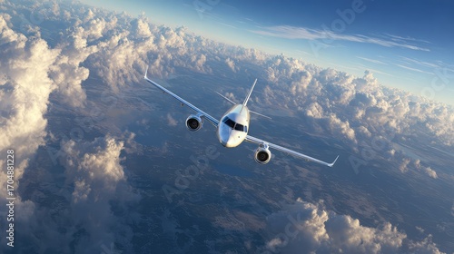 A white twin-engine plane is flying in the center of the frame, with a light blue sky and clouds in the background