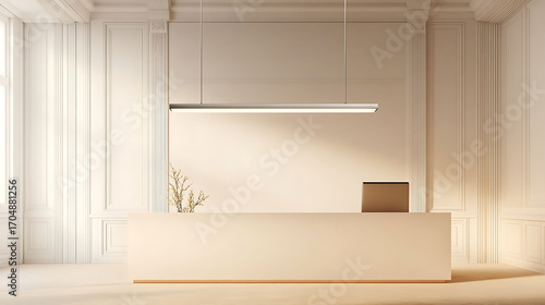 Thin suspended light bar in matte silver, stretching over a minimalist desk with warm white walls and clean lines