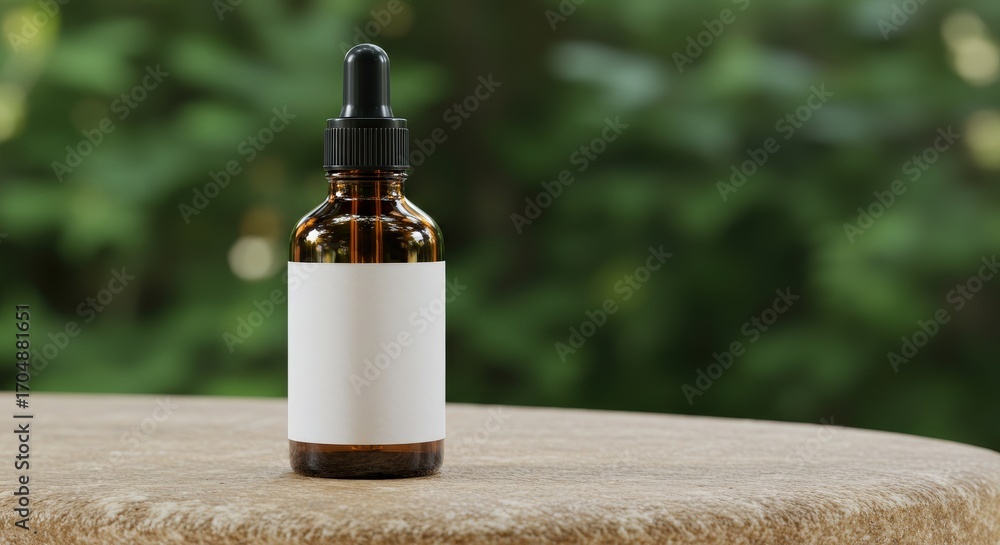 Naklejka premium Amber Glass Bottle with Dropper on Stone Surface.