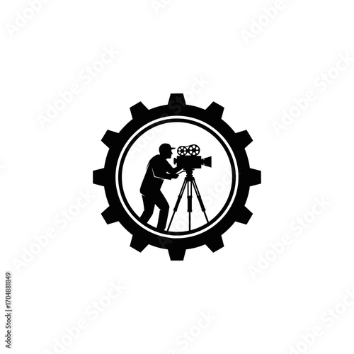 Silhouette of a filmmaker operating a vintage camera on a tripod, framed within a gear.